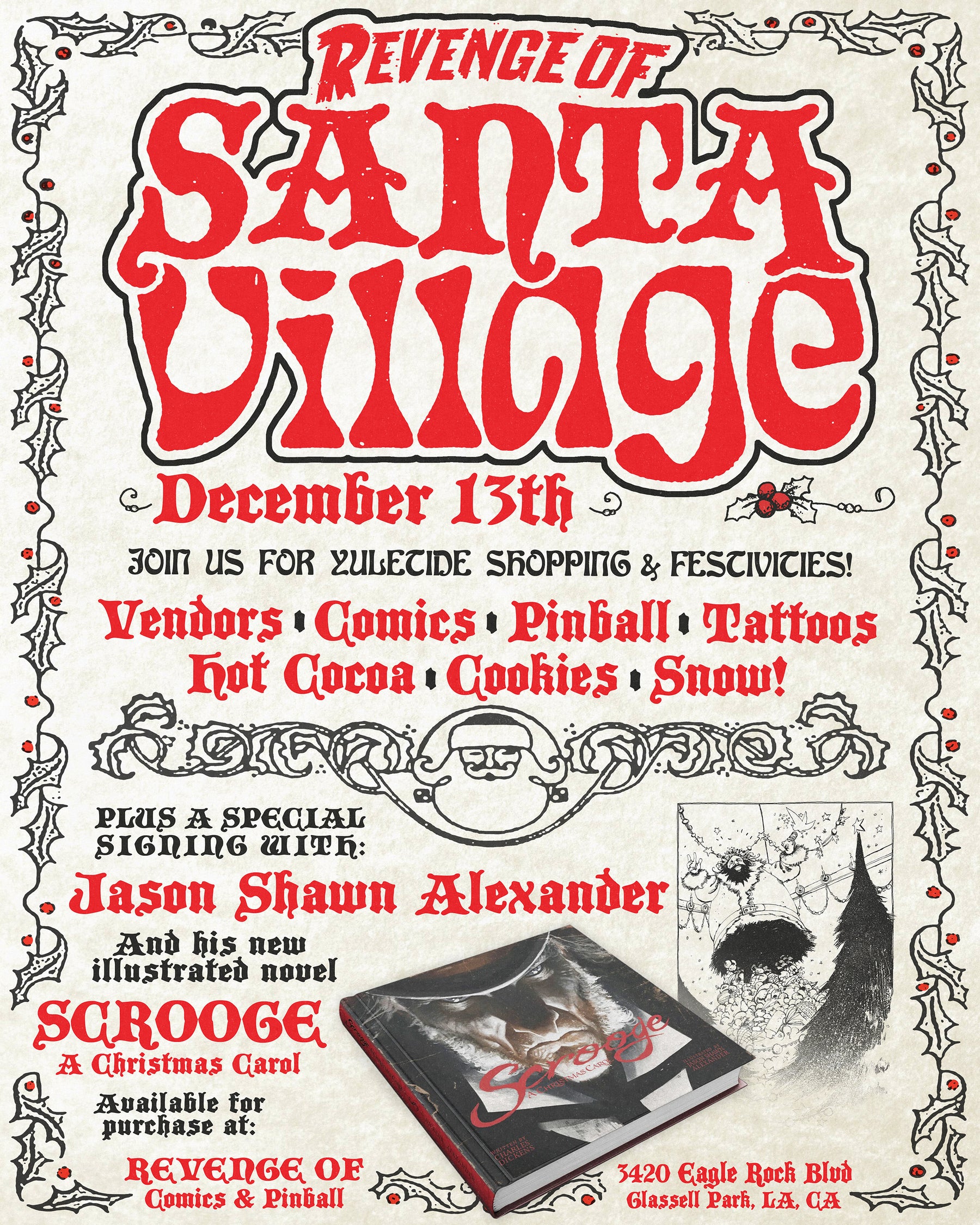 Event flyer for "Revenge of Santa Village" with vendors and activities listed.