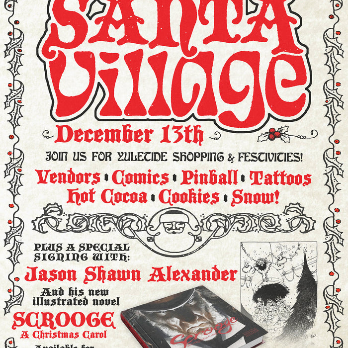Event flyer for "Revenge of Santa Village" with vendors and activities listed.