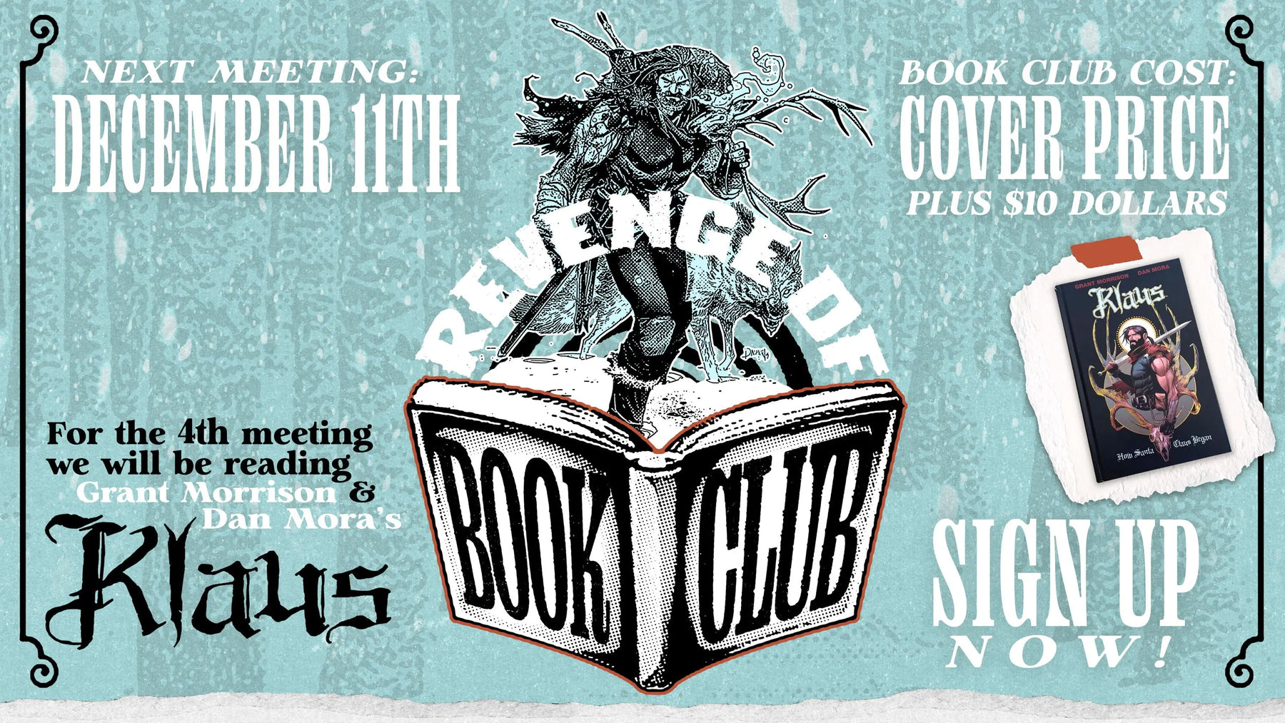 Revenge of Book Club meeting announcement for December 11th, featuring "Klaus.