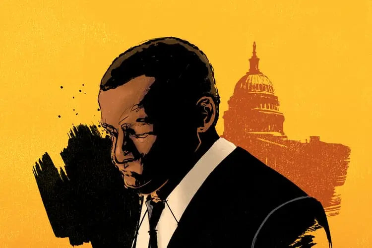 Illustration of a man in a suit with a Capitol building backdrop.