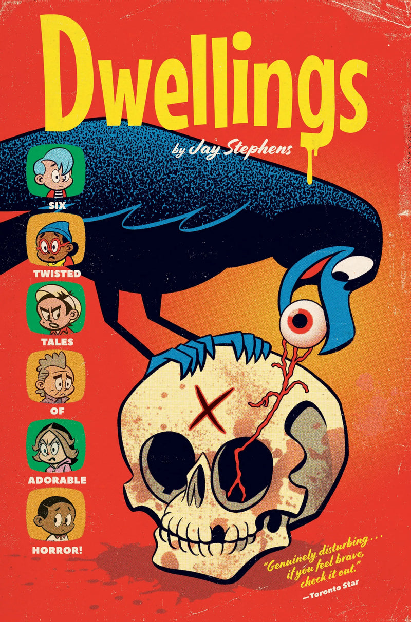 Book cover of 'Dwellings' with cartoon characters and skull design on a red background