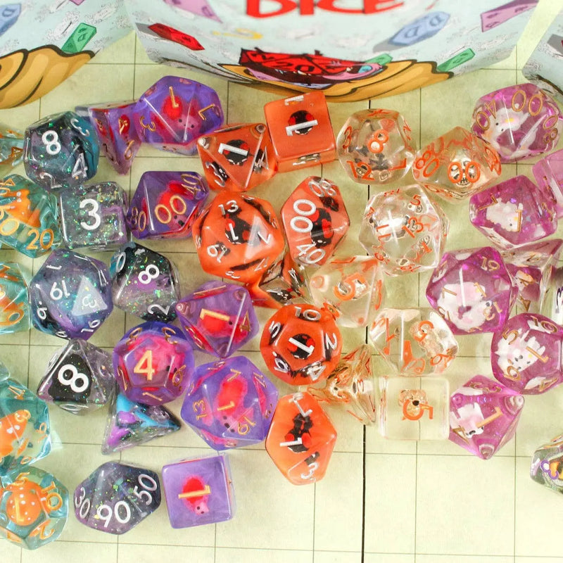Colorful polyhedral dice set on a grid surface