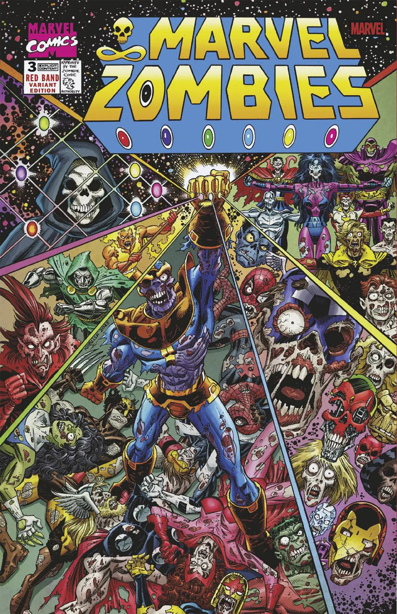 Comic book cover of 'Marvel Zombies' with colorful characters and text.