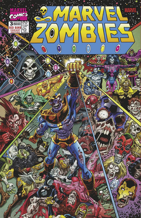 Comic book cover of 'Marvel Zombies' with colorful characters and text.
