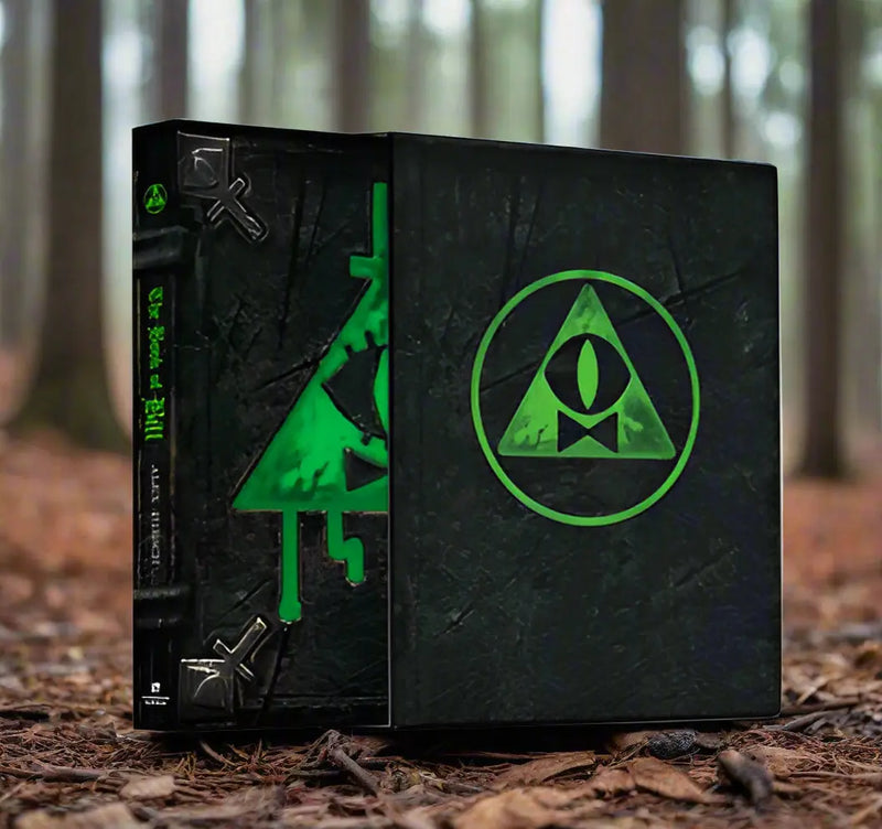 Black book with green symbols on a forest floor