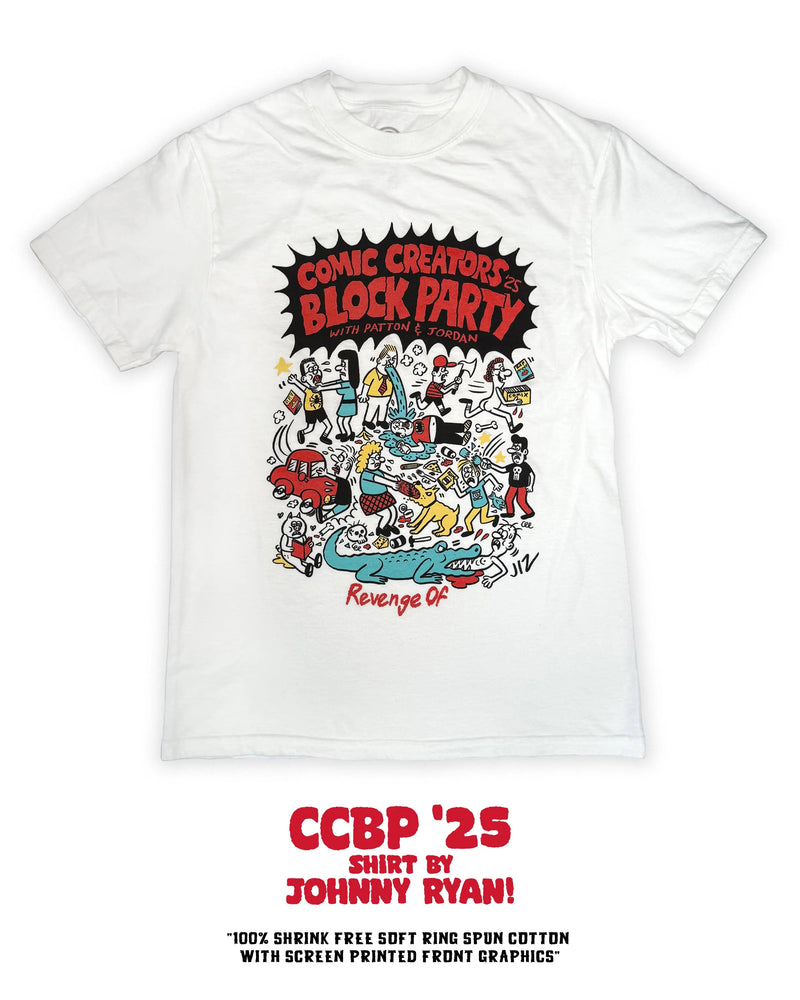 White Comic Creators Block Party 2025 T-Shirt by Johnny Ryan with colorful cartoon crowd scene and ‘Revenge Of’ logo screen printed on the front.