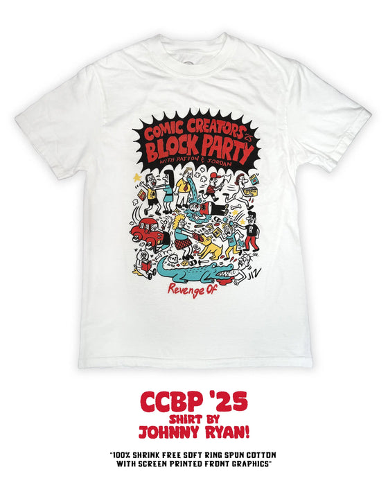 White Comic Creators Block Party 2025 T-Shirt by Johnny Ryan with colorful cartoon crowd scene and ‘Revenge Of’ logo screen printed on the front.