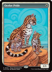 Card featuring an ocelot and its cubs on a decorative background