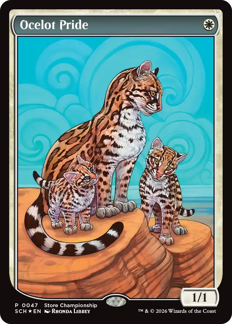 Card featuring an ocelot and its cubs on a decorative background