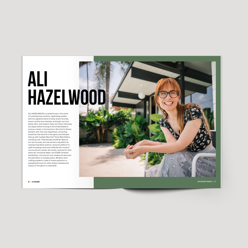 Magazine layout with a photo of Ali Hazelwood sitting outdoors and text on a white background