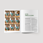 Magazine layout with a series of photos of a person holding plants and text on a white background.