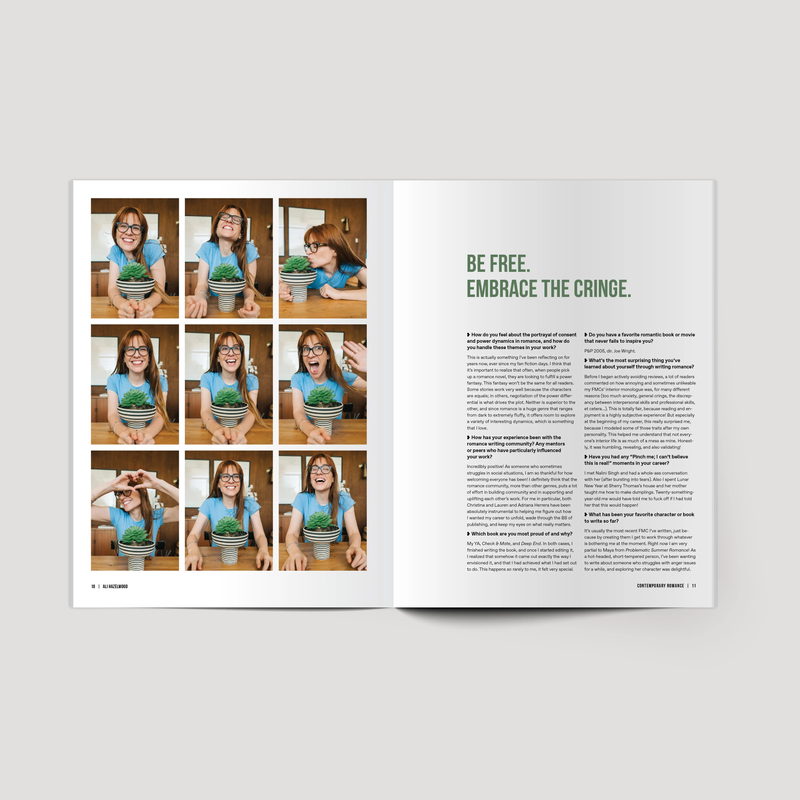 Magazine layout with a series of photos of a person holding plants and text on a white background.