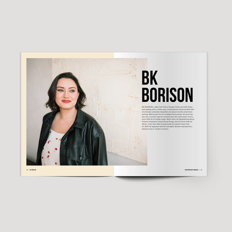 Magazine layout with a portrait of BK Borison and text on a light gray background