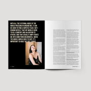 Open magazine spread with text and a photo of a woman on a white background