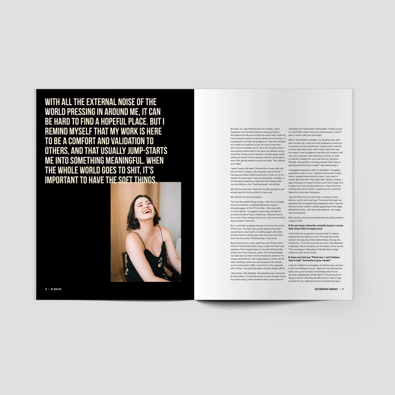 Open magazine spread with text and a photo of a woman on a white background