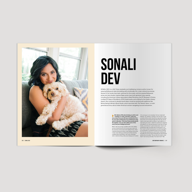 Magazine layout with a photo of a woman holding a dog and text about Sonali Dev.