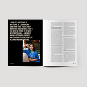Magazine layout with a photo of a woman and text on a white background