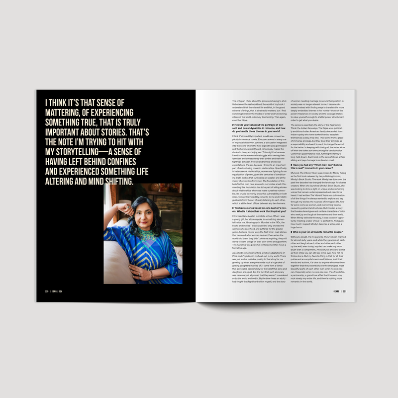 Magazine layout with a photo of a woman and text on a white background