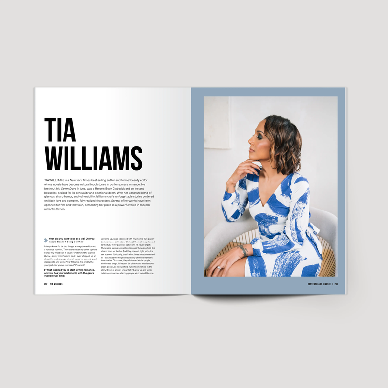 Open magazine with a photo of Tia Williams on a gray background