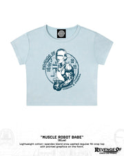 Light blue snow-washed crop top with dark blue Muscle Robot Babe graphic