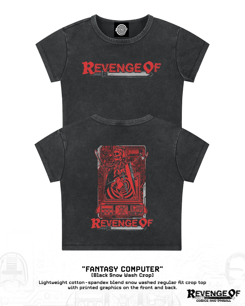 Front and back views of black snow-washed Fantasy Computer crop top with red graphics
