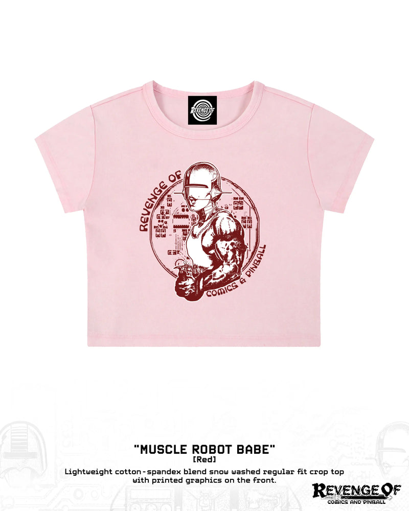 Light pink snow-washed crop top with dark red Muscle Robot Babe graphic