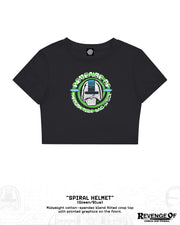 Black fitted crop top with green and blue Spiral Helmet graphic