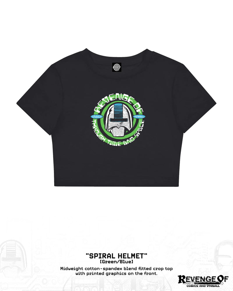 Black fitted crop top with green and blue Spiral Helmet graphic