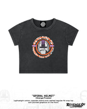 Black snow-washed crop top with orange and purple Spiral Helmet graphic